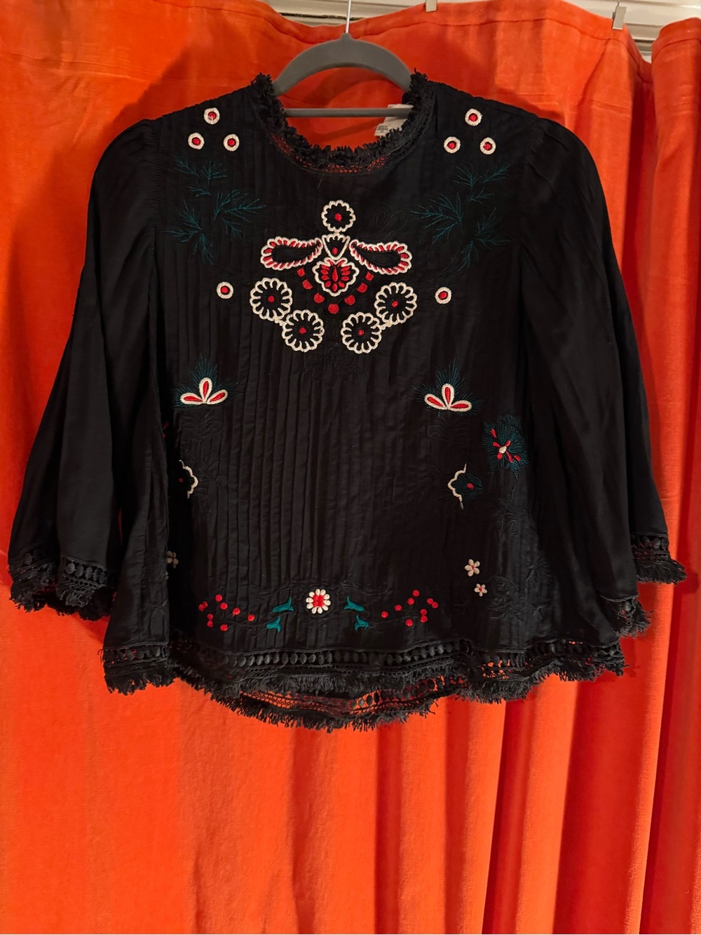 **RARE**Sezane Boho Embroidered Black Women's Peasant Top